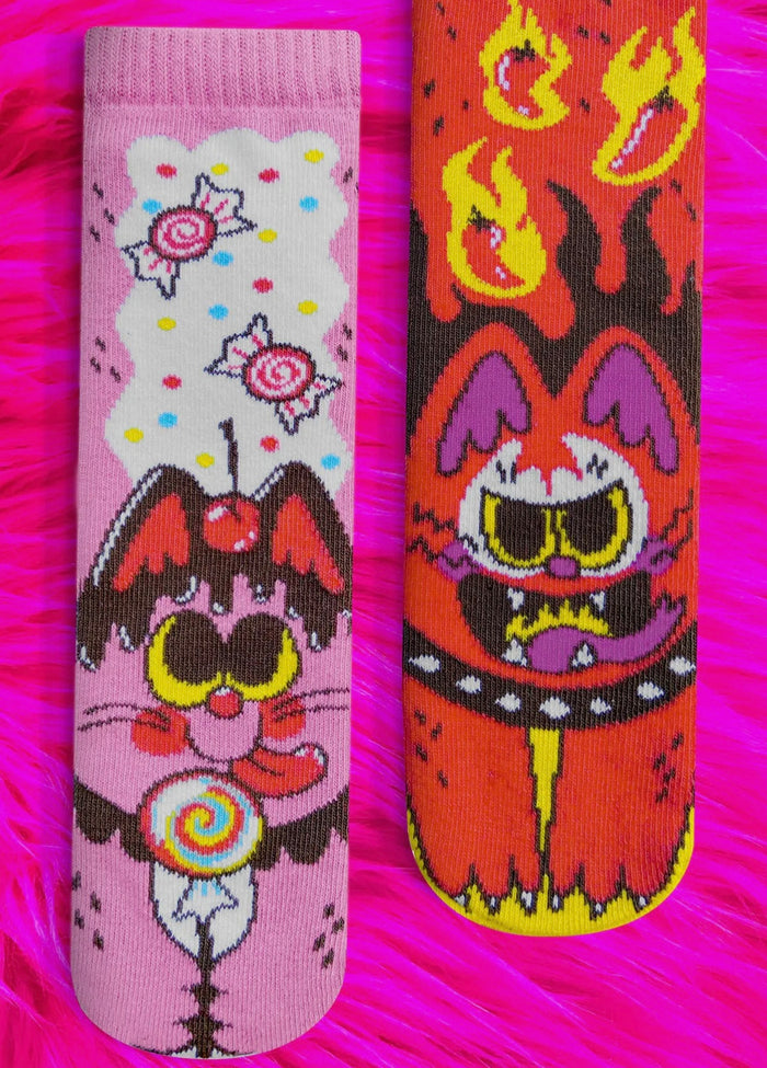 PALS SOCKS Brand Unisex Toddler-Adult CAT Mismatched Gripper Bottom Socks ‘PURRTY SWEET & FELINE SPICY (Choose Size)