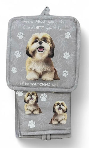SHIH TZU Dog 3 Piece Oven Mitt & Tea Towel Set By E&S Pets (CHOOSE BEIGE OR BLACK & WHITE DOG) - Novelty Socks And Slippers