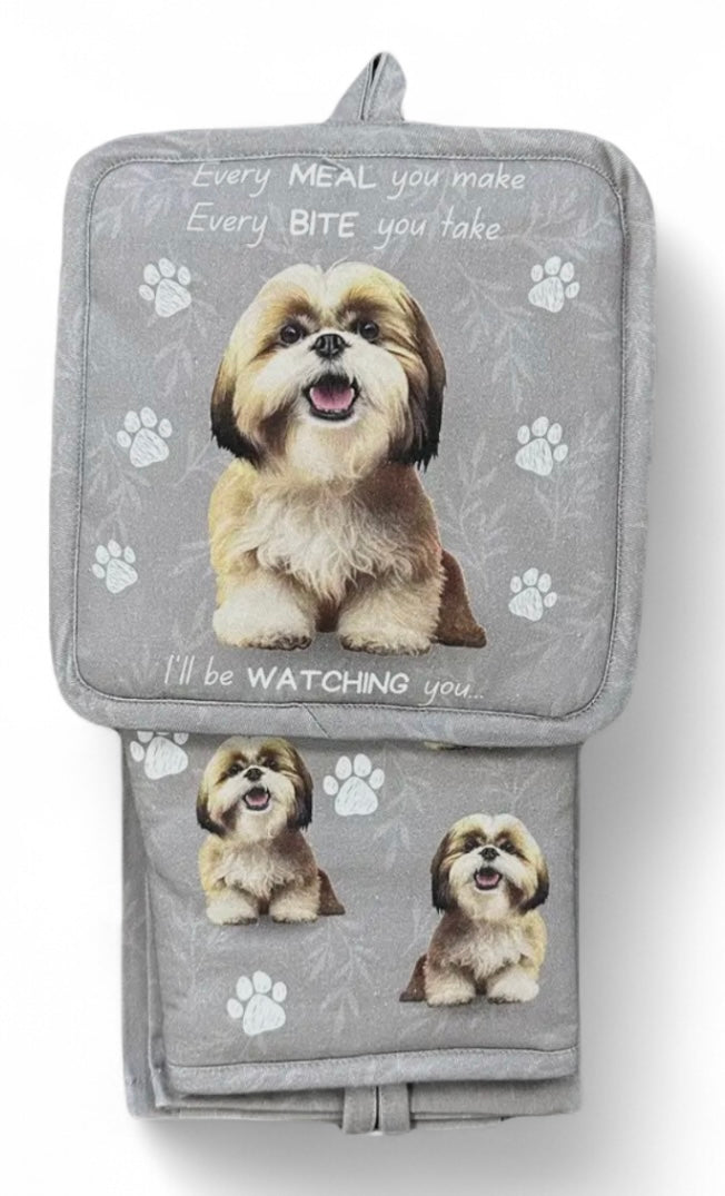 SHIH TZU Dog 3 Piece Oven Mitt & Tea Towel Set By E&S Pets (CHOOSE BEIGE OR BLACK & WHITE DOG)