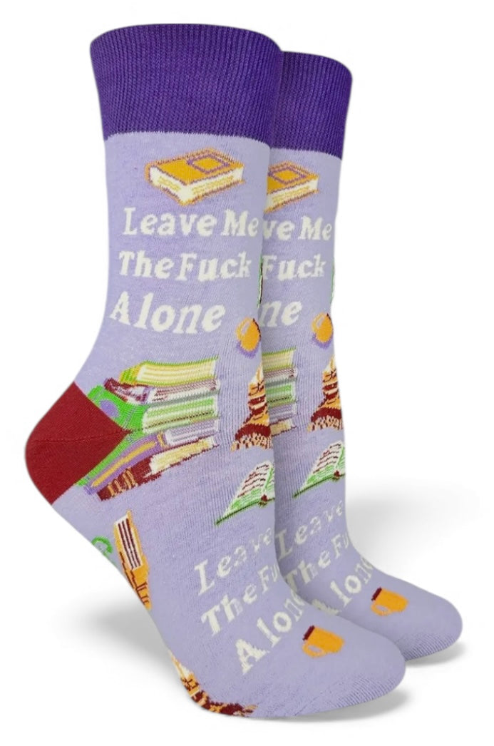 LEAVE ME THE FUCK ALONE Ladies STACK OF BOOKS Socks Good Luck Sock Brand