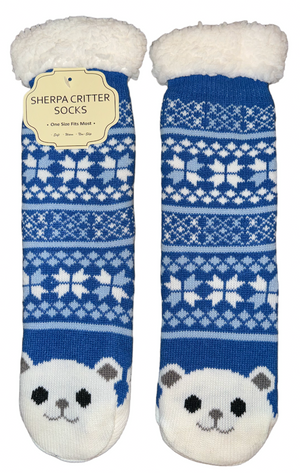 POLAR BEAR Ladies Sherpa Lined Gripper Bottom Slipper Socks - Novelty Socks And Slippers