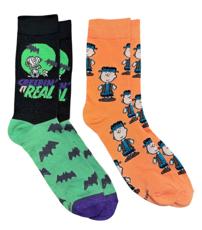 PEANUTS Men’s HALLOWEEN 2 Pair Of Socks Charlie Brown As Frankenstein ‘CREEPIN IN REAL’