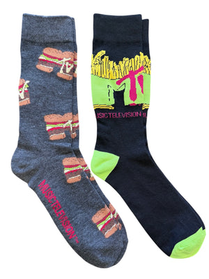 MTV MUSIC TELEVISION Men’s 2 Pair Of Socks MTV LOGO & BURGER - Novelty Socks And Slippers