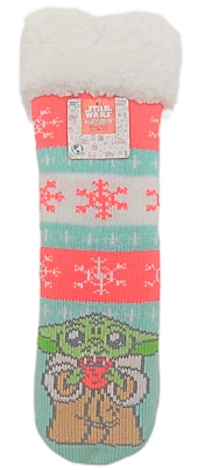 DISNEY Ladies THE MANDALORIAN BABY YODA Christmas Sherpa Lined Gripper Bottom Slipper Socks - Novelty Socks And Slippers