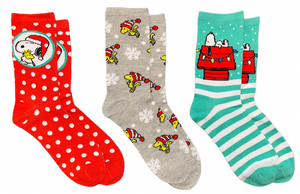 PEANUTS Ladies CHRISTMAS 3 Pair Of Socks SNOOPY & WOODSTOCK - Novelty Socks And Slippers