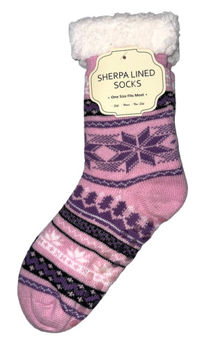 WINTER THEME Ladies Sherpa Lined Gripper Bottom Slipper Socks