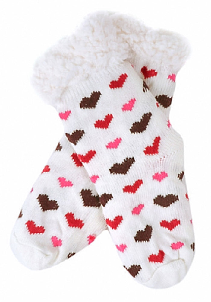 NOLLIA Brand ladies HEARTS Sherpa Lined Gripper Bottom Slipper Socks