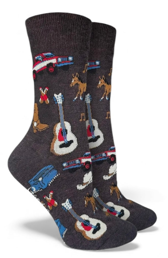 COUNTRY MUSIC Ladies Socks Horse, Cowboy Boots, Guitars Good Luck Sock Brand - Novelty Socks And Slippers