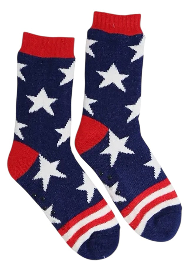PATRIOTIC AMERICAN FLAG Ladies Fleece Lined Non-Slip Slipper Socks (Choose Style) - Novelty Socks And Slippers