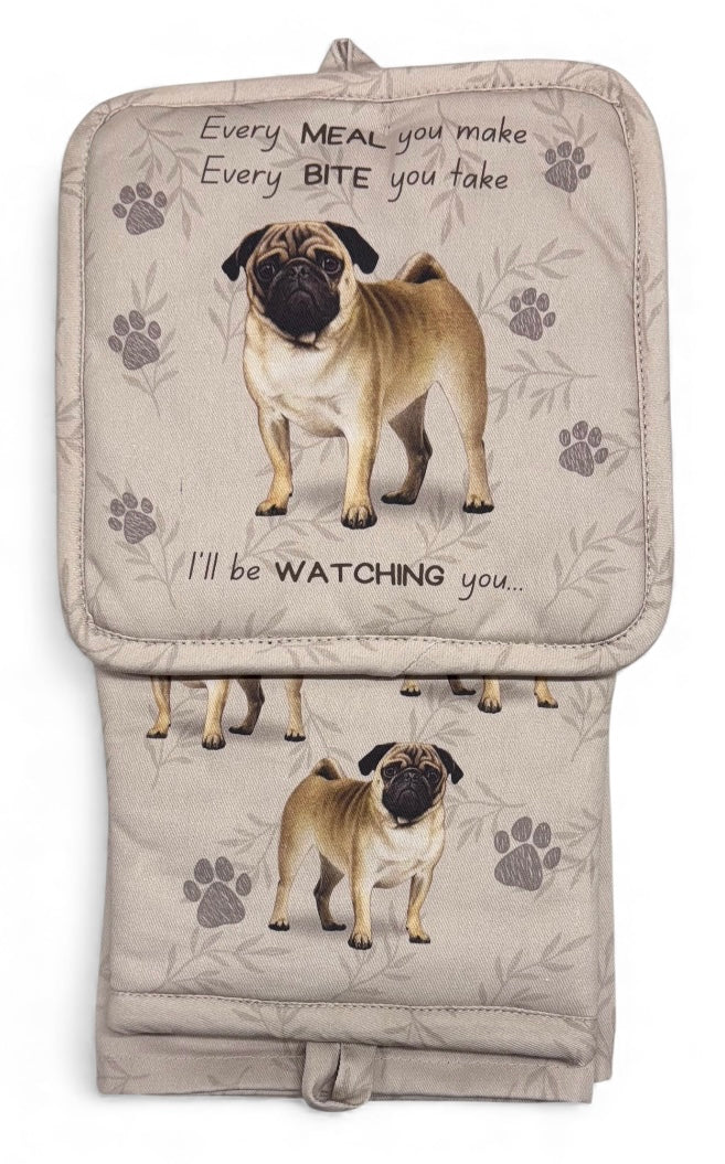 PUG Dog 3 Piece Oven Mitt & Tea Towel Set By E&S Pets