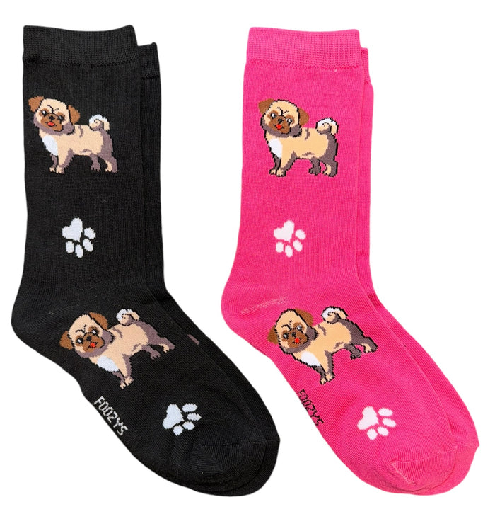 FOOZYS BRAND Ladies 2 Pair PUG DOG & PAW PRINTS Socks