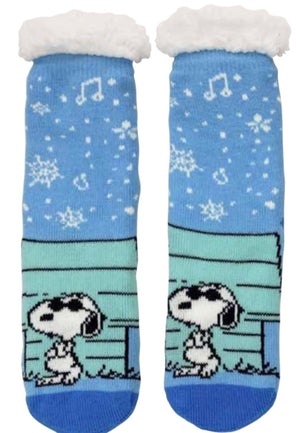 PEANUTS LADIES SHERPA LINED GRIPPER BOTTOM SLIPPER SOCKS SNOOPY AS JOE COOL - Novelty Socks And Slippers