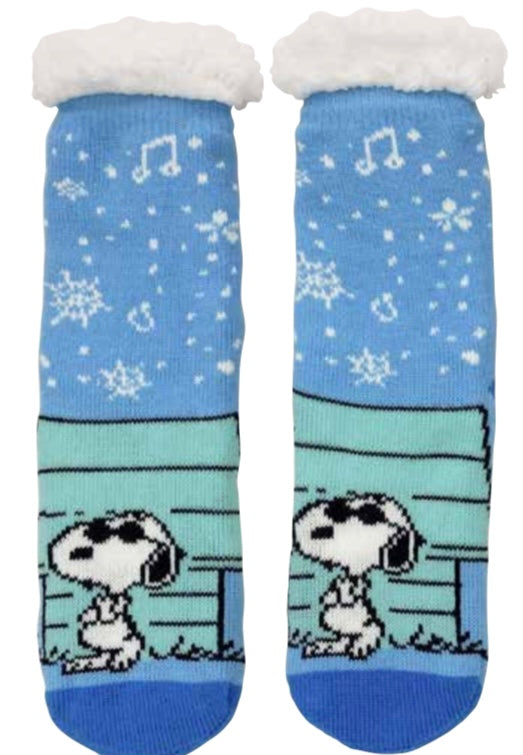 PEANUTS LADIES SHERPA LINED GRIPPER BOTTOM SLIPPER SOCKS SNOOPY AS JOE COOL