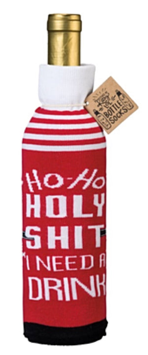 PRIMITIVES BY KATHY CHRISTMAS ALCOHOL WINE BOTTLE SOCK ‘HO HO HOLY SHIT I NEED A DRINK’ - Novelty Socks for Less