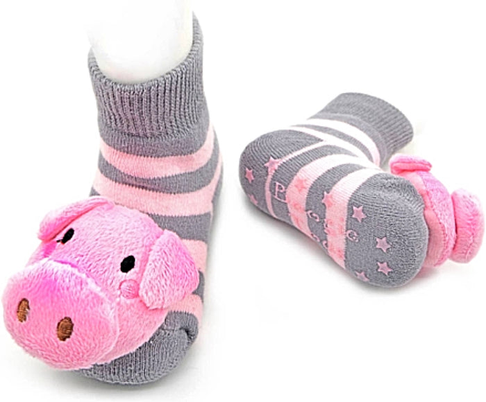 BOOGIE TOES Unisex Baby PIG RATTLE GRIPPER BOTTOM SOCKS By PIERO LIVENTI