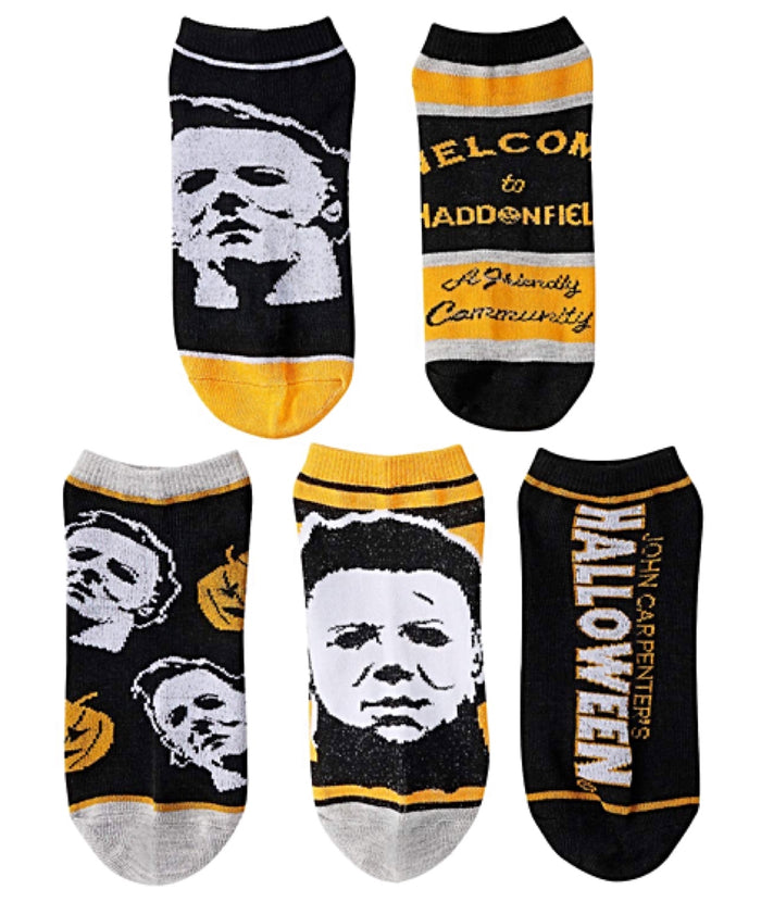 HALLOWEEN Ladies MICHAEL MYERS 5 Pair Of Ankle Socks ‘WELCOME TO HADDONFIELD' BIOWORLD Brand’