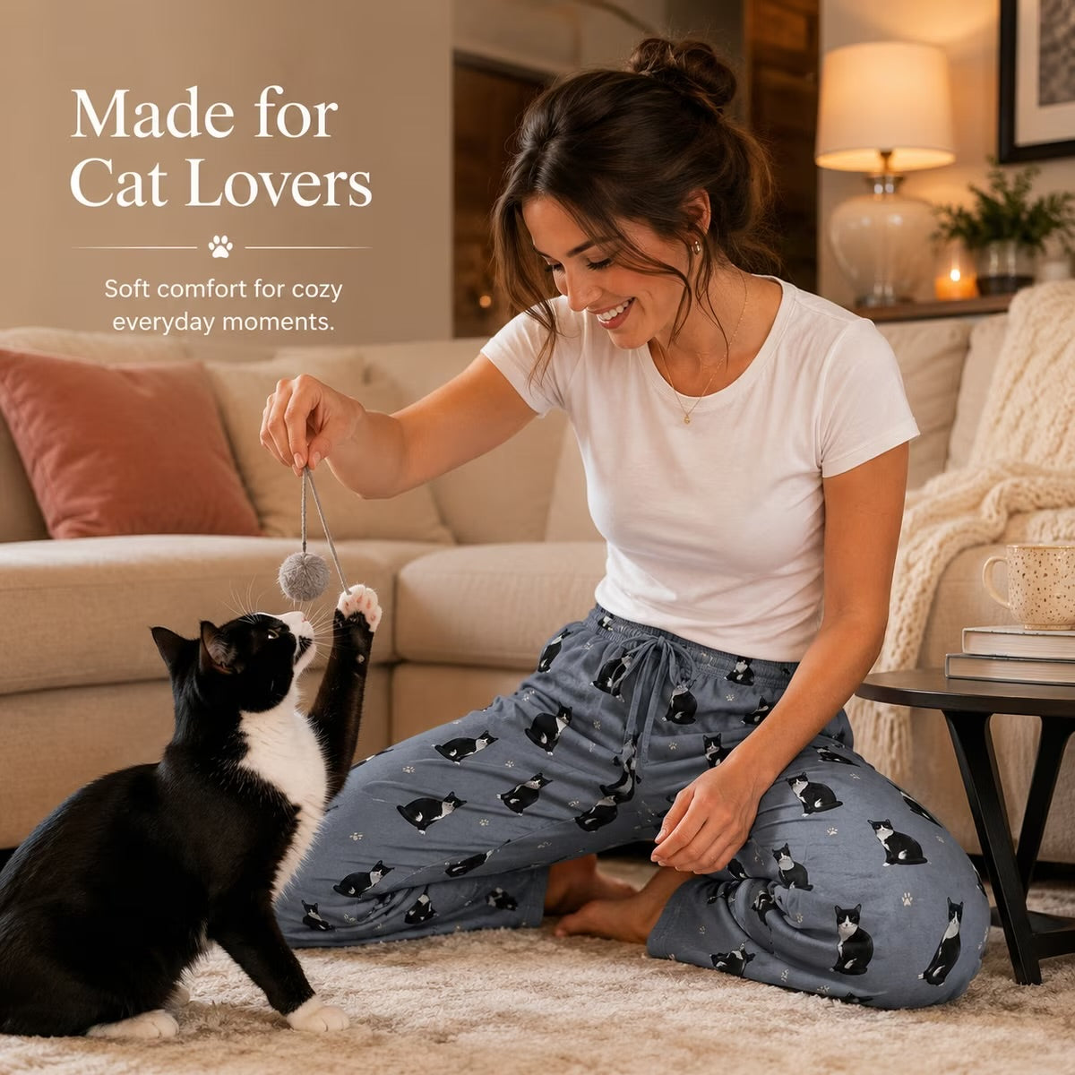 BLACK & WHITE TUXEDO CAT Adult Unisex PAJAMA BOTTOMS COMFIES Brand By E&S PETS (CHOOSE SIZE & COLOR)