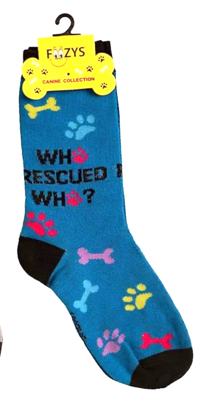 FOOZYS Brand Ladies WHO RESCUED WHO Socks DOG BONES, PAW PRINTS