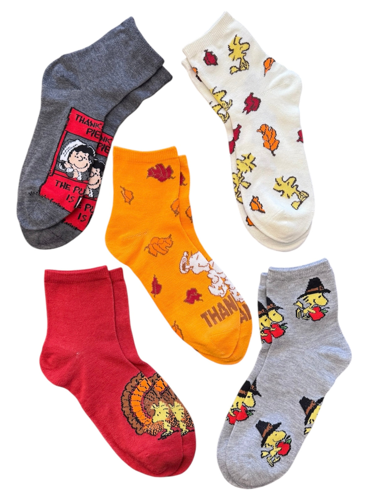 PEANUTS Ladies 5 Pair Of THANKSGIVING CAPRI Socks LUCY, SNOOPY & WOODSTOCK - Novelty Socks And Slippers