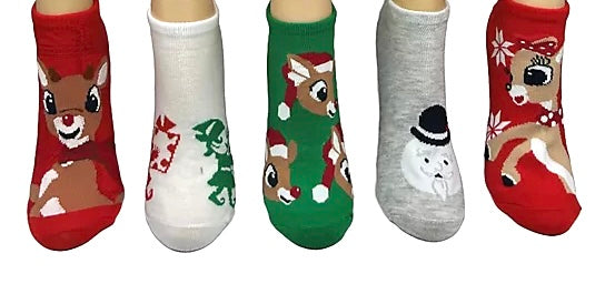 RUDOLPH THE RED NOSED REINDEER Ladies 5 Pair Of No Show Socks CLARICE & SAM THE SNOWMAN