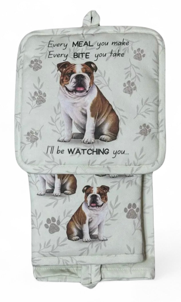 BULLDOG 3 Piece Oven Mitt & Tea Towel Set By E&S Pets