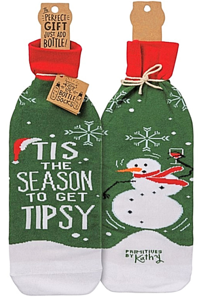 PRIMITIVES BY Kathy CHRISTMAS ALCOHOL WINE BOTTLE SOCK ‘TIS THE SEASON TO GET TIPSY’