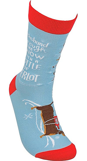 PRIMITIVES BY KATHY Unisex CHRISTMAS Socks ‘DACHSHUND THROUGH THE SNOW WITH A BOTTLE OF MERLOT’ - Novelty Socks for Less