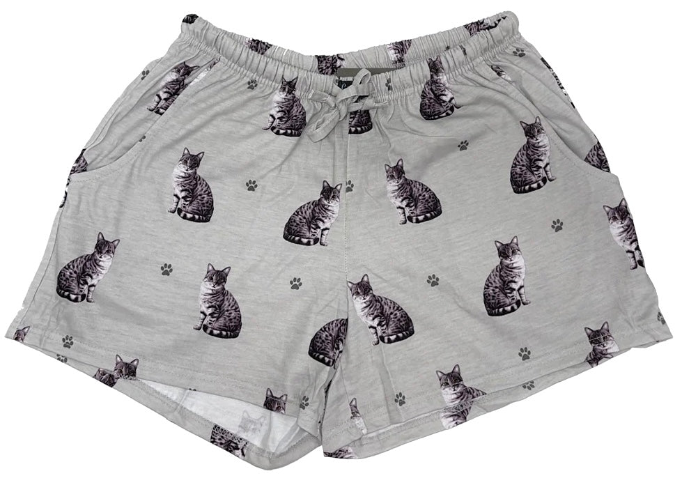 COMFIES Brand LOUNGE PJ SHORTS Ladies SILVER/GRAY TABBY CAT By E&S PETS - Novelty Socks And Slippers