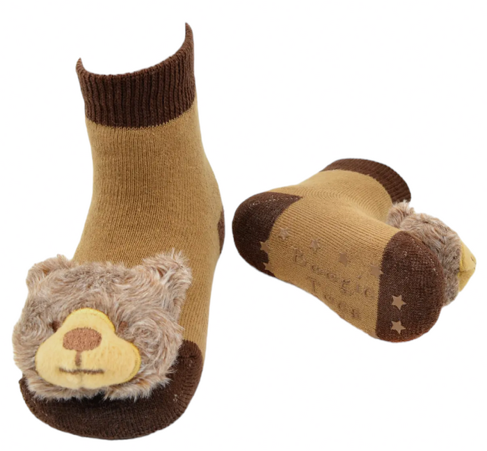 BOOGIE TOES Baby Unisex GRIZZLY BEAR Rattle Gripper Bottom Socks By Piero Liventi