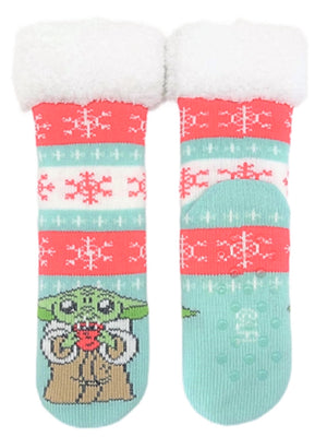 DISNEY Ladies THE MANDALORIAN BABY YODA Christmas Sherpa Lined Gripper Bottom Slipper Socks - Novelty Socks And Slippers