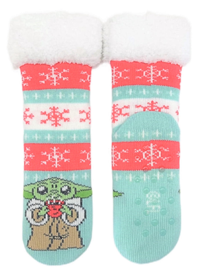 DISNEY Ladies THE MANDALORIAN BABY YODA Christmas Sherpa Lined Gripper Bottom Slipper Socks