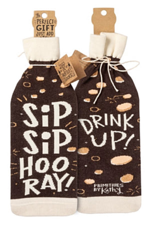 PRIMITIVES BY KATHY ALCOHOL WINE BOTTLE SOCK ‘SIP SIP HOORAY!’ ‘DRINK UP’ - Novelty Socks for Less