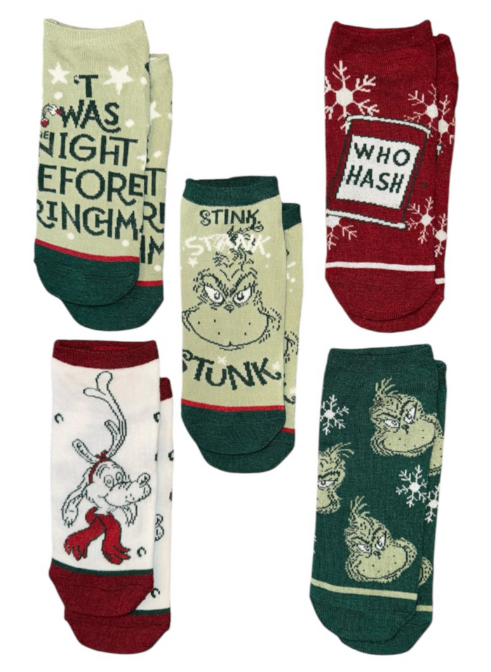 Dr. Seuss How The Grinch Stole Christmas Ladies 5 Pair Of Ankle Socks ‘TWAS THE NIGHT BEFORE GRINCHMAS’