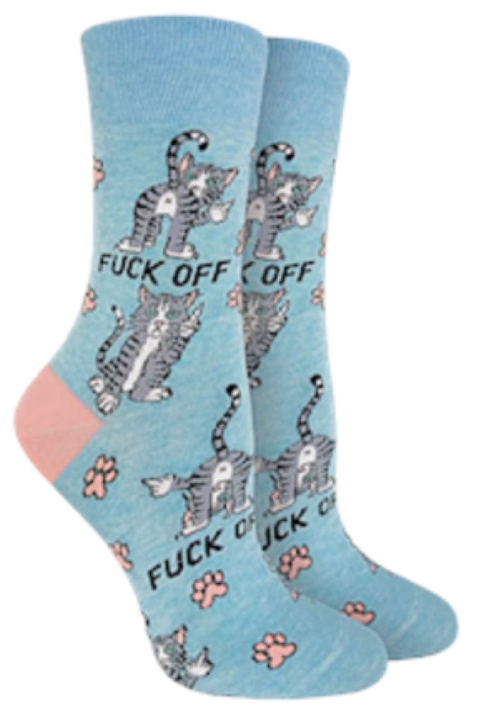 GOOD LUCK SOCK Brand Ladies SASSY CAT Socks With MIDDLE FINGER ‘FUCK OFF’