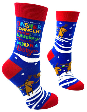 Fabdaz Brand Ladies CHRISTMAS Socks ‘YOU KNOW DASHER & DANCER & PRANCER & VIXEN WHISKEY & TEQUILA & VODKA & BLITZEN - Novelty Socks And Slippers