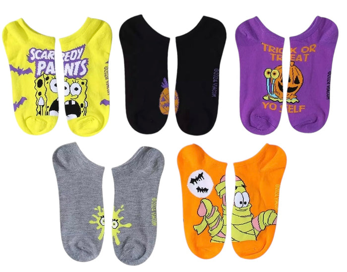 SPONGEBOB SQUAREPANTS LADIES 5 PAIR OF HALLOWEEN NO SHOW SOCKS ‘SCAREDY PANTS’