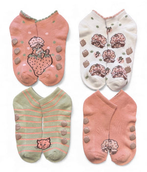 STRAWBERRY SHORTCAKE Ladies 4 Pair Of Thick No Show Gripper Bottom Slipper Socks Custard The Cat - Novelty Socks And Slippers