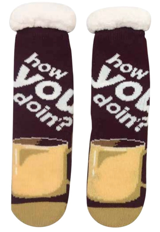 FRIENDS TV SHOW Ladies Sherpa Lined Gripper Bottom Slipper Socks ‘HOW YOU DOIN?’