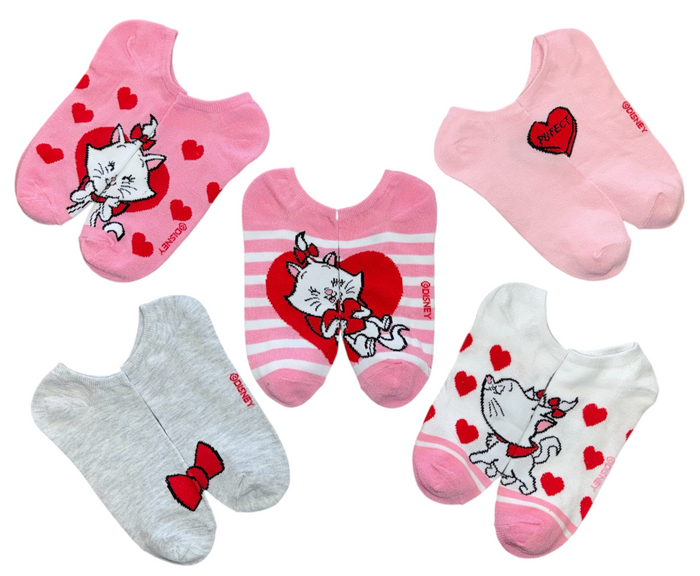 Disney ARISTOCATS Ladies 5 Pair Of MARIE THE CAT Valentines Day No Show Socks With Hearts