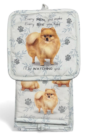POMERANIAN Dog 3 Piece Oven Mitt & Tea Towel Set By E&S Pets - Novelty Socks And Slippers