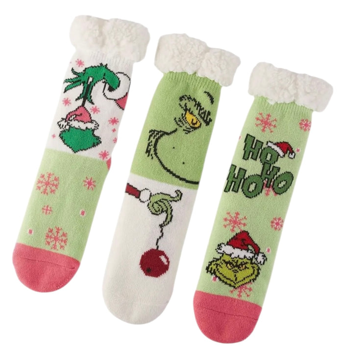 THE GRINCH Ladies Sherpa Lined Gripper Bottom Slipper Socks (Choose Style)