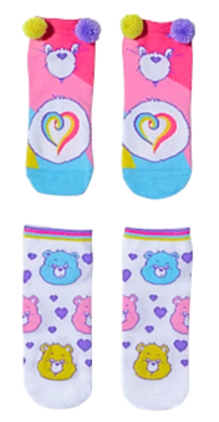CARE BEARS Ladies 2 Pair Of ANKLE Socks With POM POMS