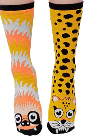 PALS SOCKS Brand Toddler-Adult Unisex SLOTH & CHEETAH Mismatched Gripper Bottom Socks (CHOOSE SIZE)