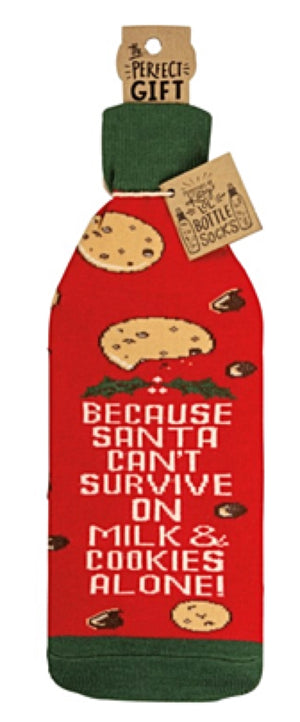 PRIMITIVES BY KATHY ALCOHOL WINE CHRISTMAS BOTTLE SOCK ‘BECAUSE SANTA CAN’T SURVIVE ON COOKIES ALONE!’ - Novelty Socks for Less