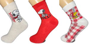 PEANUTS Ladies CHRISTMAS 3 Pair Of Socks SNOOPY & WOODSTOCK ‘MERRY’ - Novelty Socks for Less