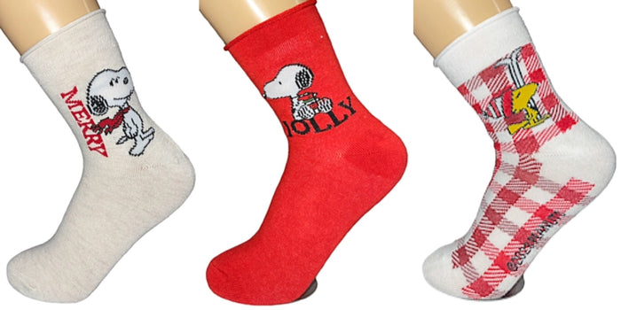 PEANUTS Ladies CHRISTMAS 3 Pair Of Socks SNOOPY & WOODSTOCK ‘MERRY’
