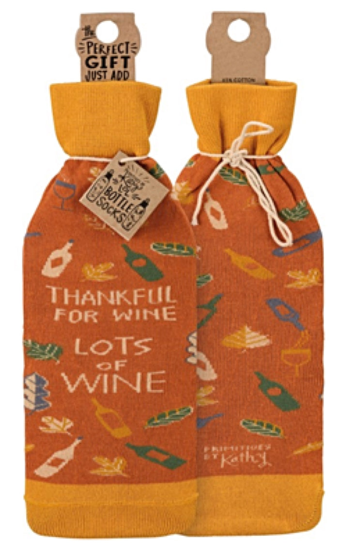 PRIMITIVES BY KATHY ALCOHOL WINE BOTTLE SOCK ‘THANKFUL FOR WINE LOTS OF WINE’
