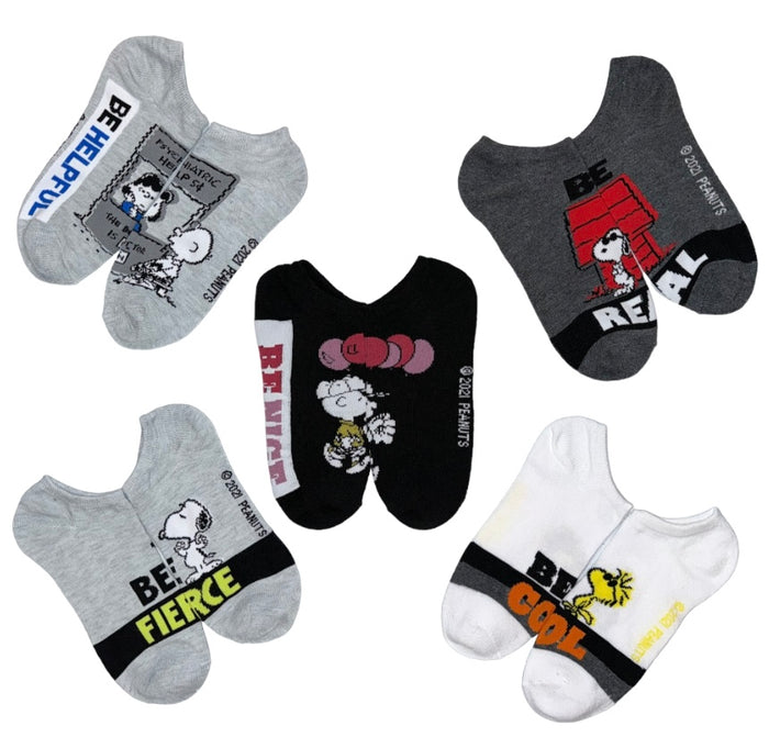 PEANUTS Ladies 5 Pair No Show Socks ‘BE FIERCE’ 'BE HELPFUL'