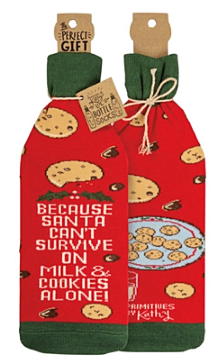 PRIMITIVES BY KATHY ALCOHOL WINE CHRISTMAS BOTTLE SOCK ‘BECAUSE SANTA CAN’T SURVIVE ON COOKIES ALONE!’