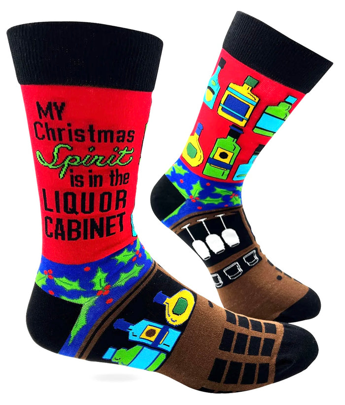 FABDAZ Brand Men’s CHRISTMAS Socks ‘MY CHRISTMAS SPIRIT IS IN THE LIQUOR CABINET’
